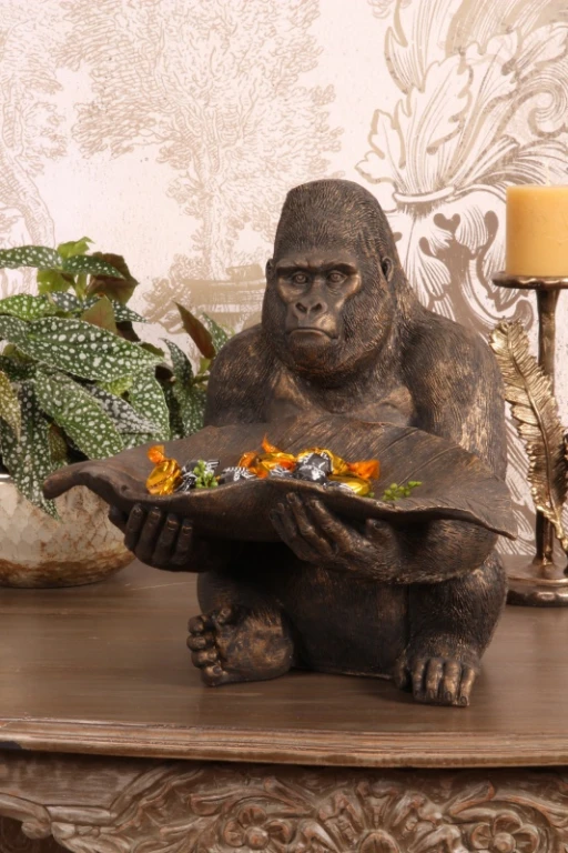 Gorillastaty med bricka – guld – 39 cm