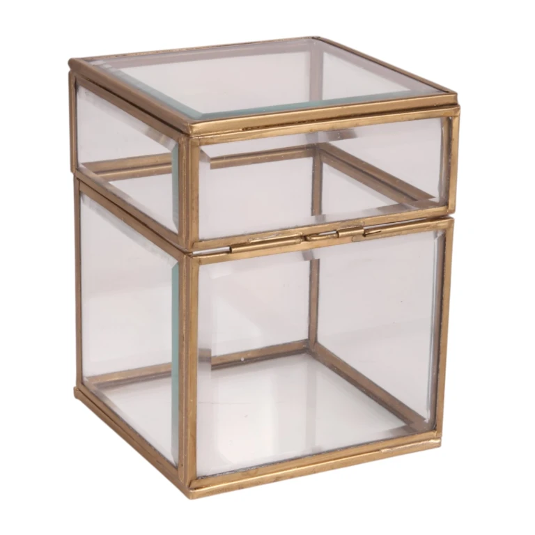 Smyckeslåda 10x10x13 cm - guld - mässing och glas