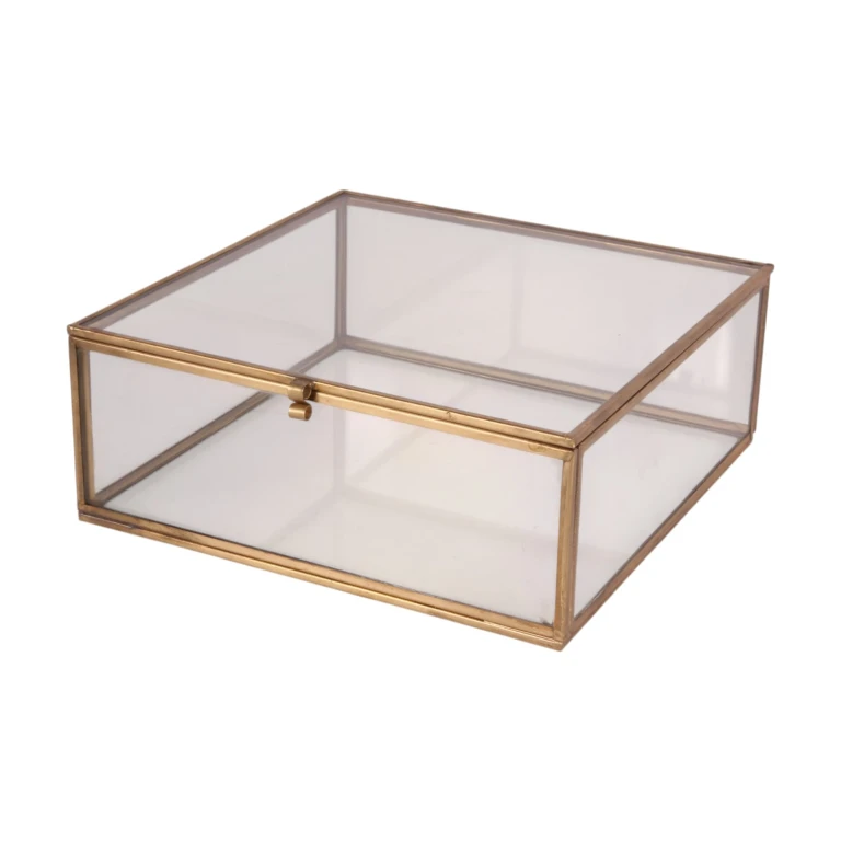 Smyckeslåda 20x20x8 cm - guld - mässing och glas