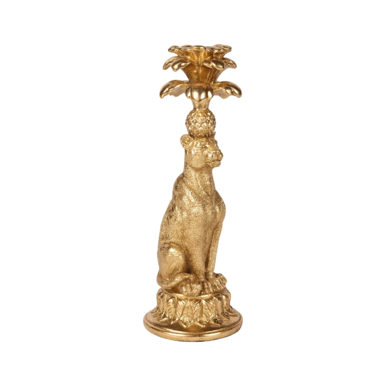 Leopardkandelare - 23,5 cm - guld - konstharts
