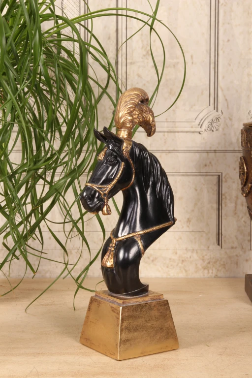 Hästhuvudskulptur – svart/guld – 36,5 cm