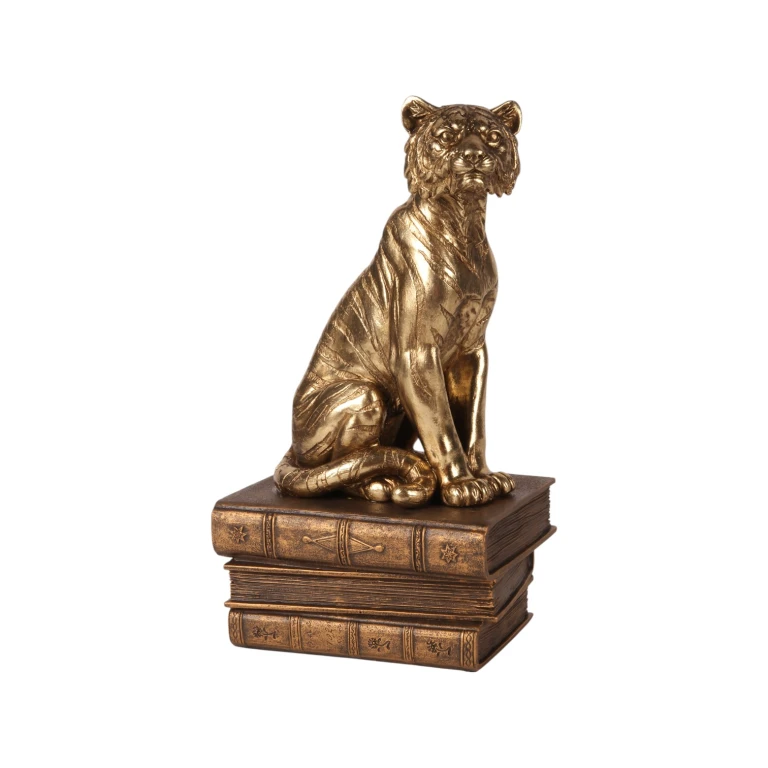 Tigerfigur på böcker – guld – 29 cm