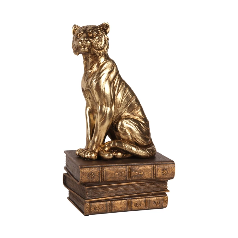 Tigerfigur på bokhyllan – guld – 29 cm
