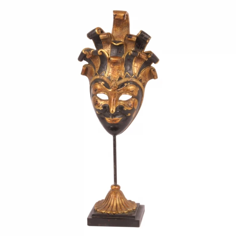 Dekorativ mask på fot - svart/guld - 28 cm - kunstharts