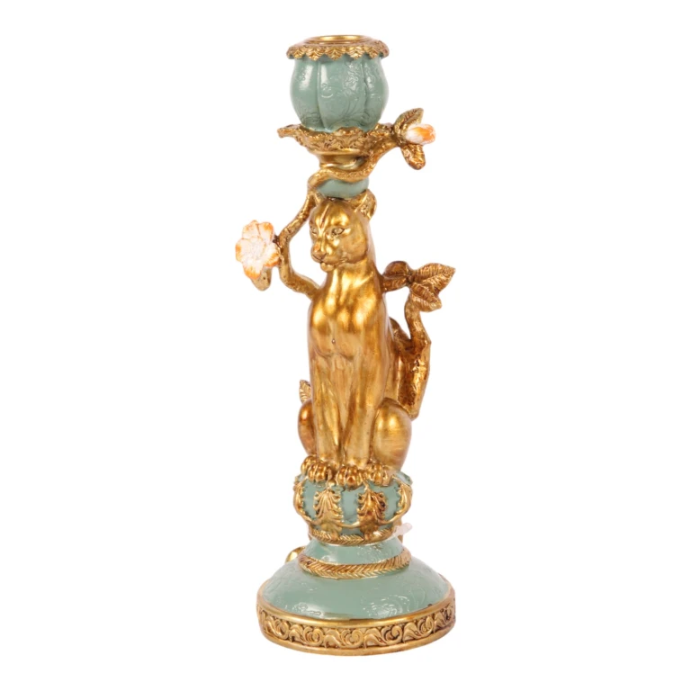 Leopardkandelare - 25,5 cm - guld - konstharts
