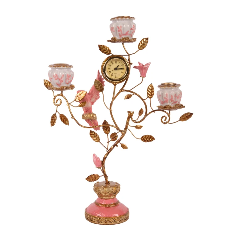 Kandelaber Papegoja med klocka - 32 cm - rosa - konstharts