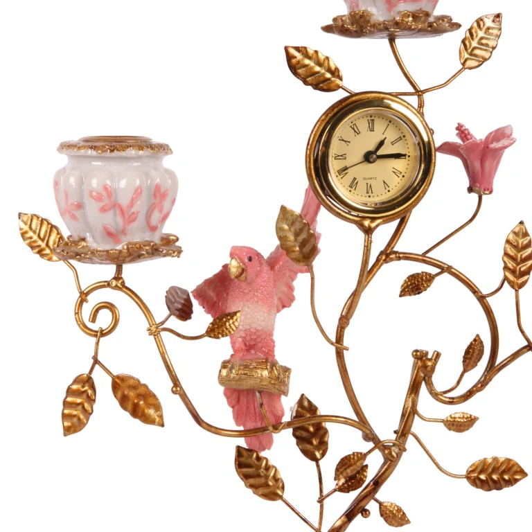 Kandelaber Papegoja med klocka - 32 cm - rosa - konstharts