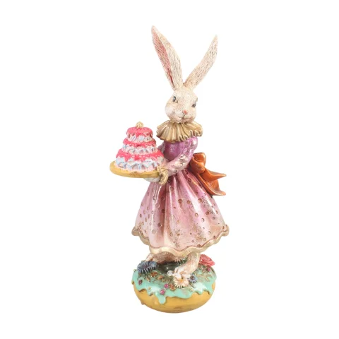 Konijn met Taart 28,5 cm - Roze - Resin