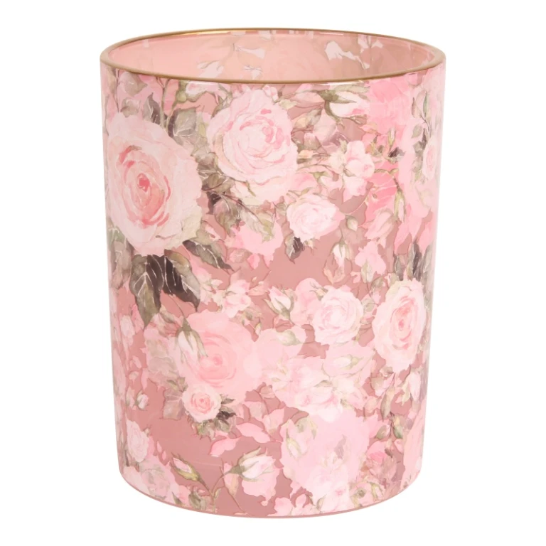 Vaxlyshållare med blommönster - rosa - glas - 12,5 cm