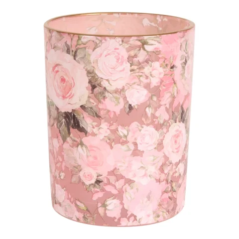 Waxinelichthouder bloemenprint - 12,5 cm - roze - glas
