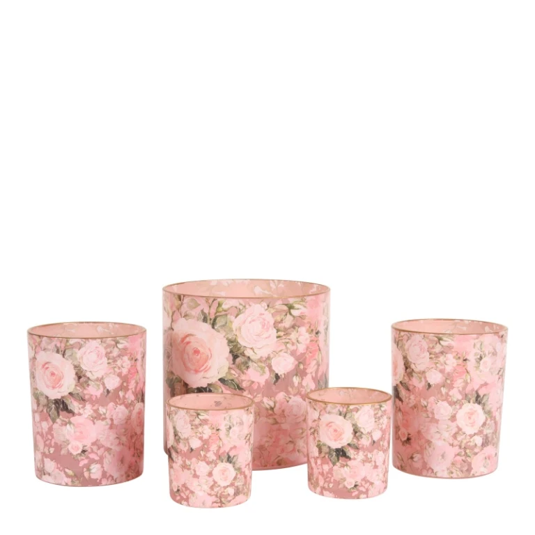 Vaxlyshållare med blommönster - rosa - glas - 12,5 cm