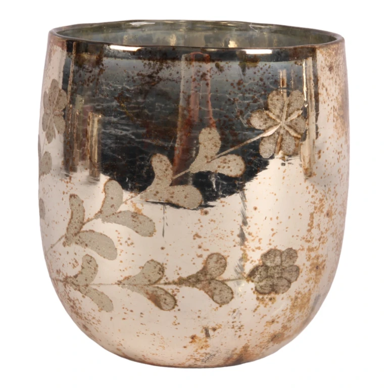Vaxeljushållare Blommor - guld - glas - 16 cm