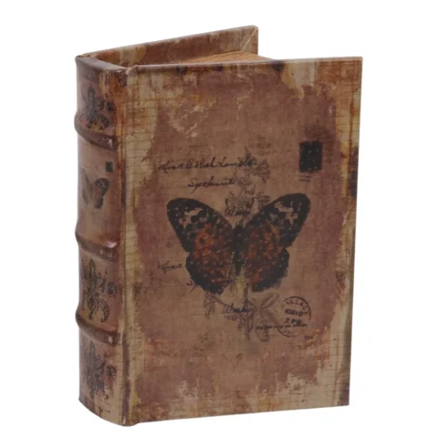 Opbergdoos boek vlinder - 15 cm - bruin - kunstleer