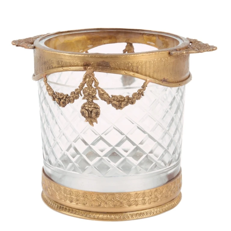 Flaskhållare - guld - 15 cm - mässing och glas